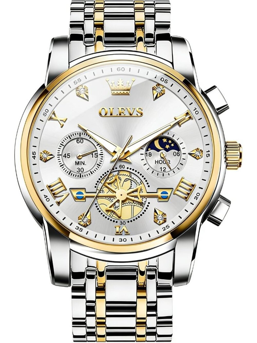 OLEVS Men's Silver Gold Dress Watch Stainless Steel Luminous Waterproof Watch
